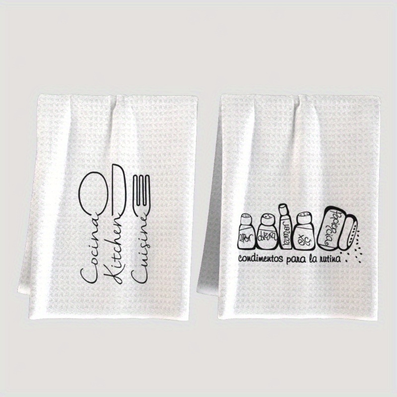 set of 2 dish towels measuring 18 by 66.04 cm featuring humorous kitchen quotes and illustrations,   cleaning, gym use, or as decorative kitchen accessories.   absorbent hand towels are reusable. details 1