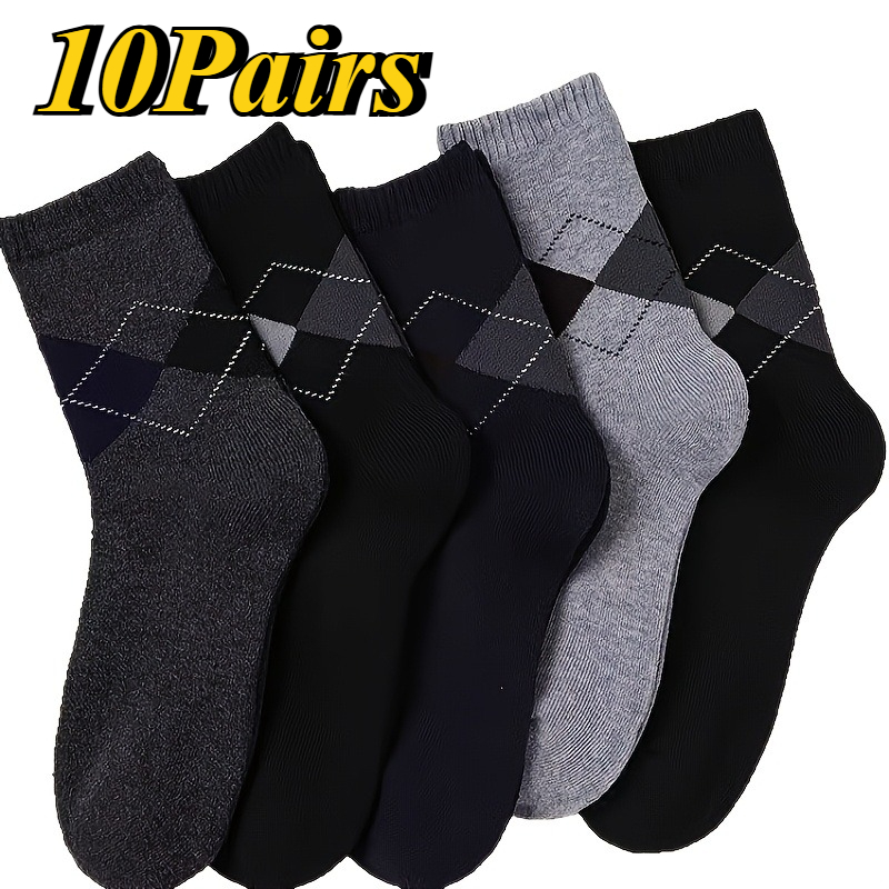 TEMU 10 Pairs Men's Diamond Check Mid-calf Socks, Autumn Winter Thick Warm Socks, Retro Business Casual Long Socks, Suitable For Daily Work, , And ,