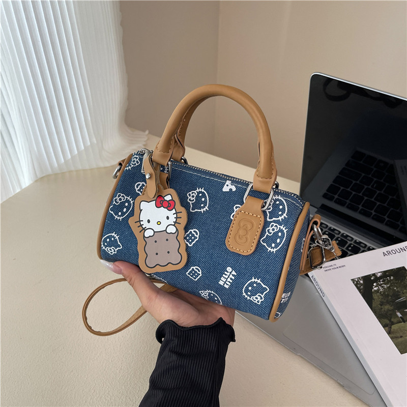 TEMU Hello Kitty Adorable Denim Cylindrical Bag Featuring A Printed Pendant Design, Use And A Gift For