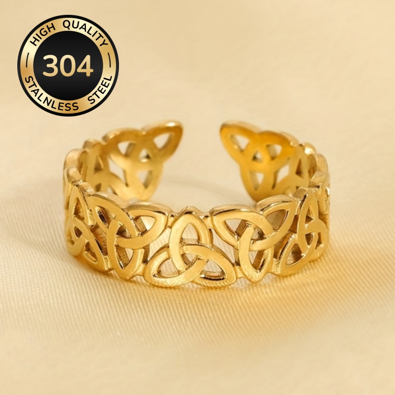 Women's Golden Celtic Flower Open Adjustable Ring, Stainless Steel