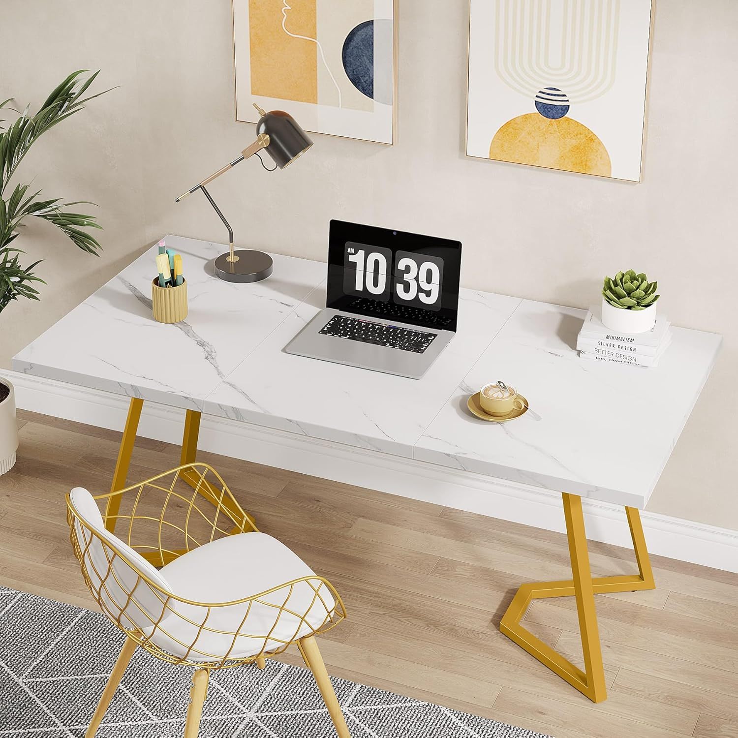 Modern Golden Computer Desk: 55 Inches White And Office Desk With Metal Legs, Marble Study Writing Table For Small Spaces, Simple Desk For Bedroom, Ladder Racks, Storage And Organization