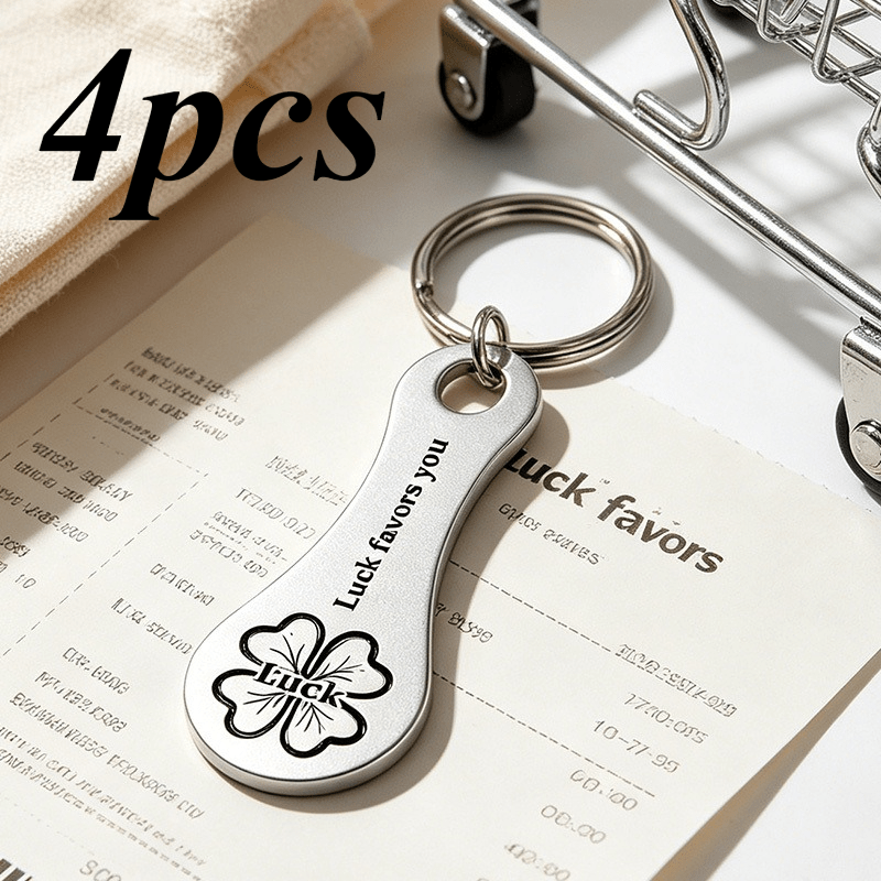 TEMU 4pcs Supermarché Jeton Porte-clés Acier Inoxydable Gravé Réutilisable Diablette Monnaie Pendentif Déverrouillage