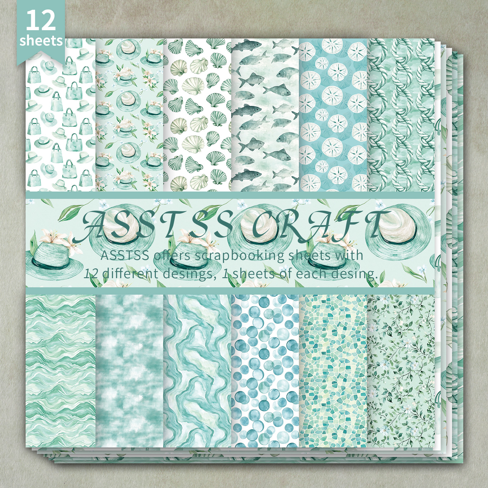 TEMU 12-sheet Asstss Heavyweight Scrapbooking Paper Pad - Green Coastal Beach Shell & Watercolor Suitable For Journaling, Collage Art, Cardmaking,
