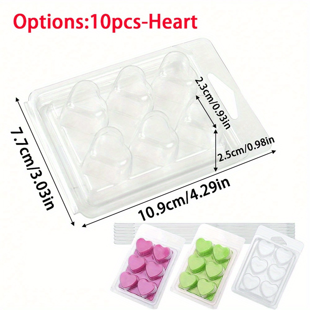 Image of 10pcs Of Clear Plastic Wax Melt Clamshells In Square, Heart, And Round Shapes For Making Wickless Wax Melt Candles