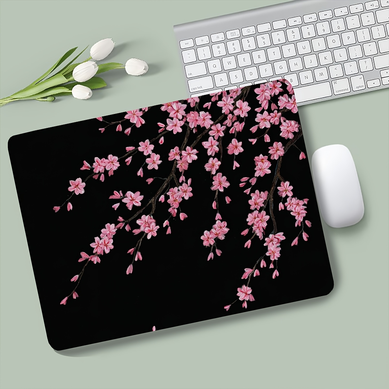 TEMU 1pc Anime Japanese-style Black And Pink Cherry Branch Themed Fashion Abstract Mouse Pad - Esports Office Keyboard Mat, Small Computer Mouse Pad,