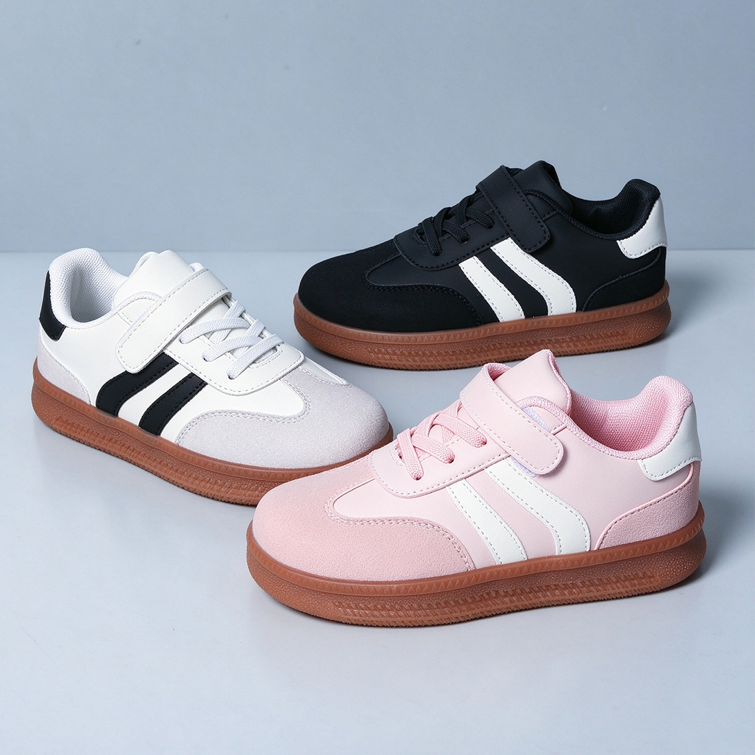 Retro German Training Shoes, Color-Block Striped   Shoes, Hook-And-Loop Closure, Lightweight And Soft Upper, Easy Trendy School Daily Versatile Shoes
