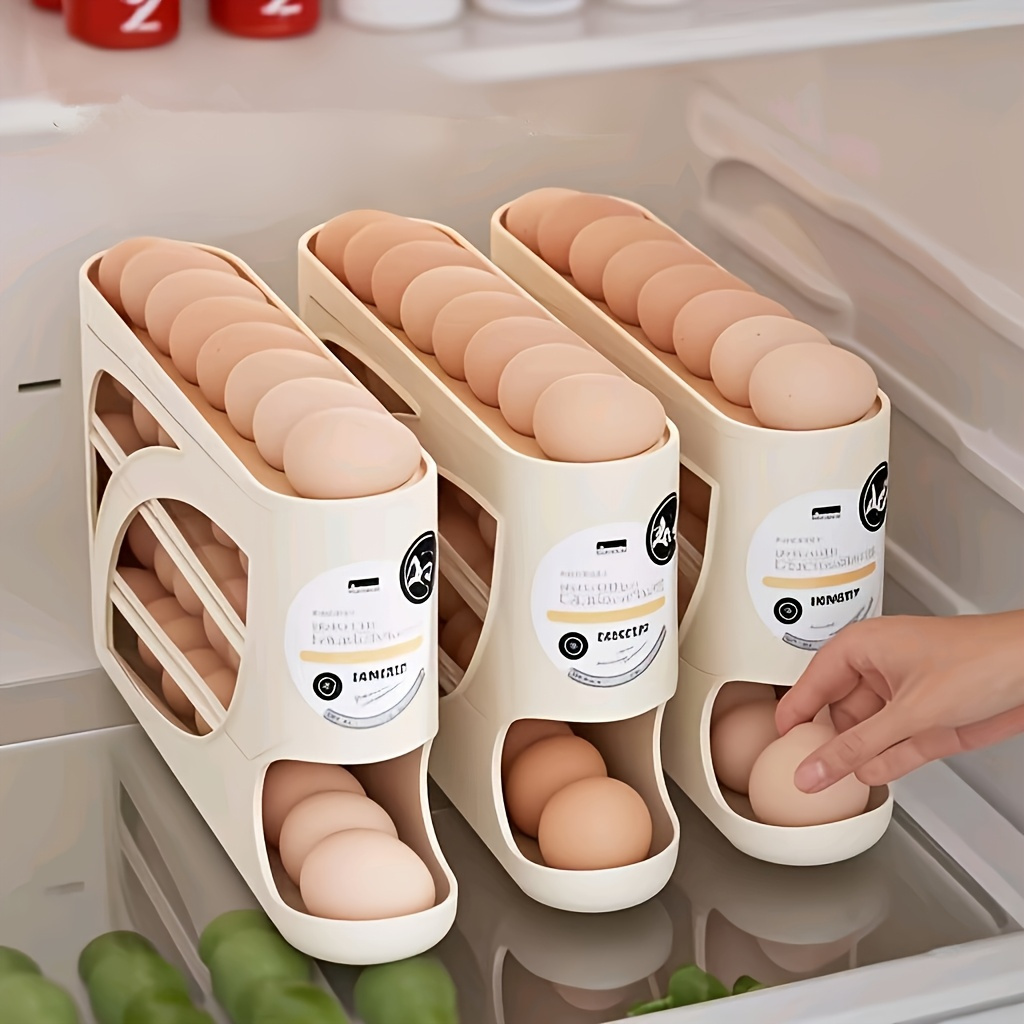 4-Tier Rolling Egg Holder - Space-Saving Side Door Design, Holds 30 Eggs, Smooth Glossy Finish, Convenient Handle | Suitable for Kitchen and Fridge Storage | Modern Kitchen Accessory | Durable Plastic Material