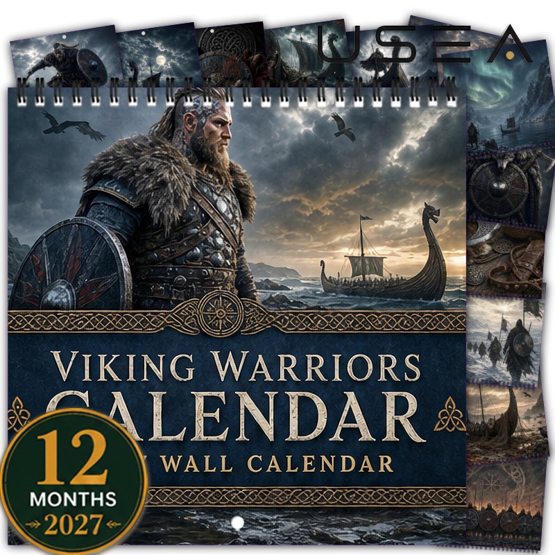 TEMU 2027 Viking Warriors Wall Calendar - Twin Wire Spiral Hanging Monthly Planner With Us Holidays, Nordic Viking-themed Decor Suitable For, Office,