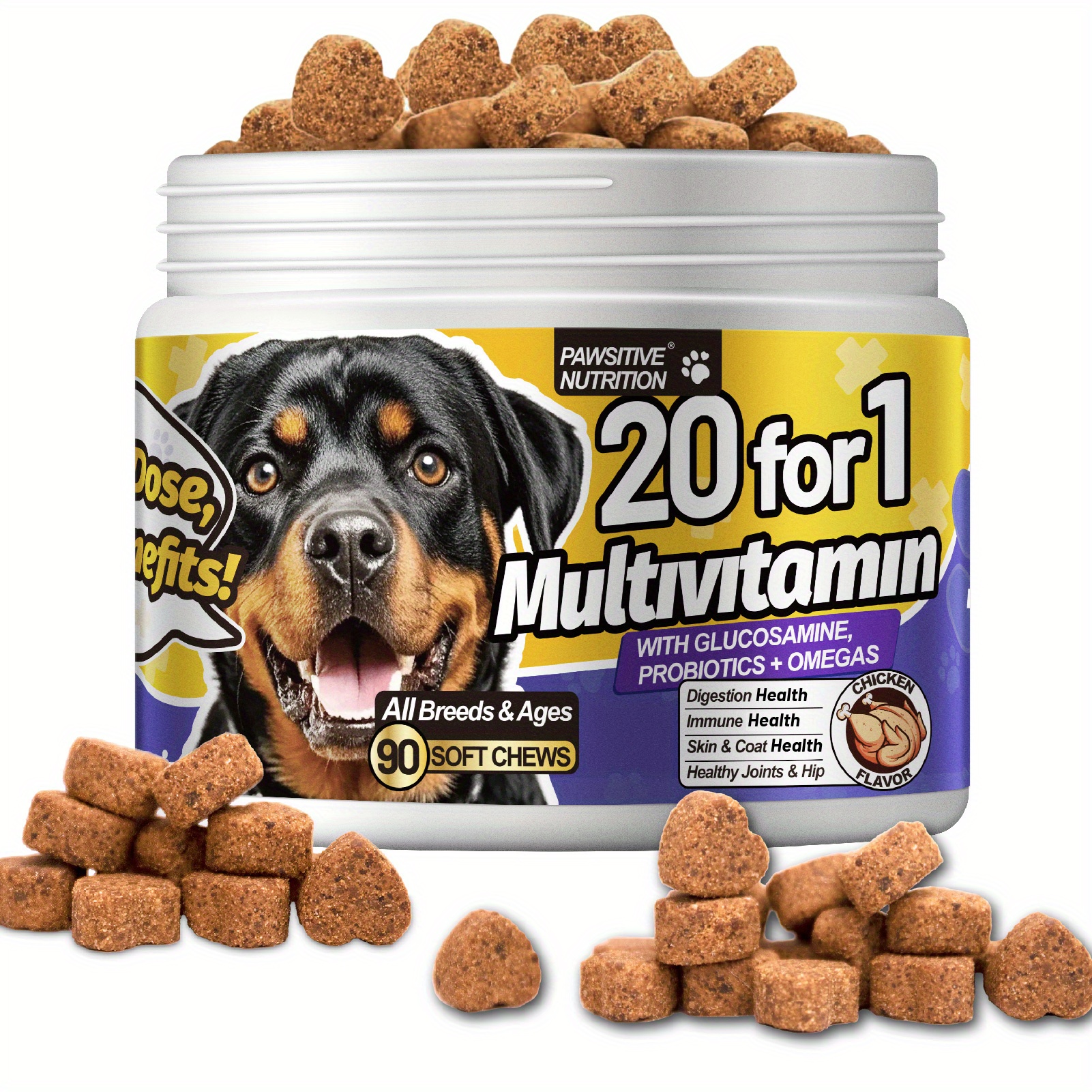 TEMU Nutrition 20-in-1 Multivitamin Dog Treats For , & Heart Health - , Probiotics, Fish Oil - Chicken Flavor, 90 Count, Suitable For All Breeds, Vitamins | Vibrant Packaging | Pet , Vitamins For Dogs