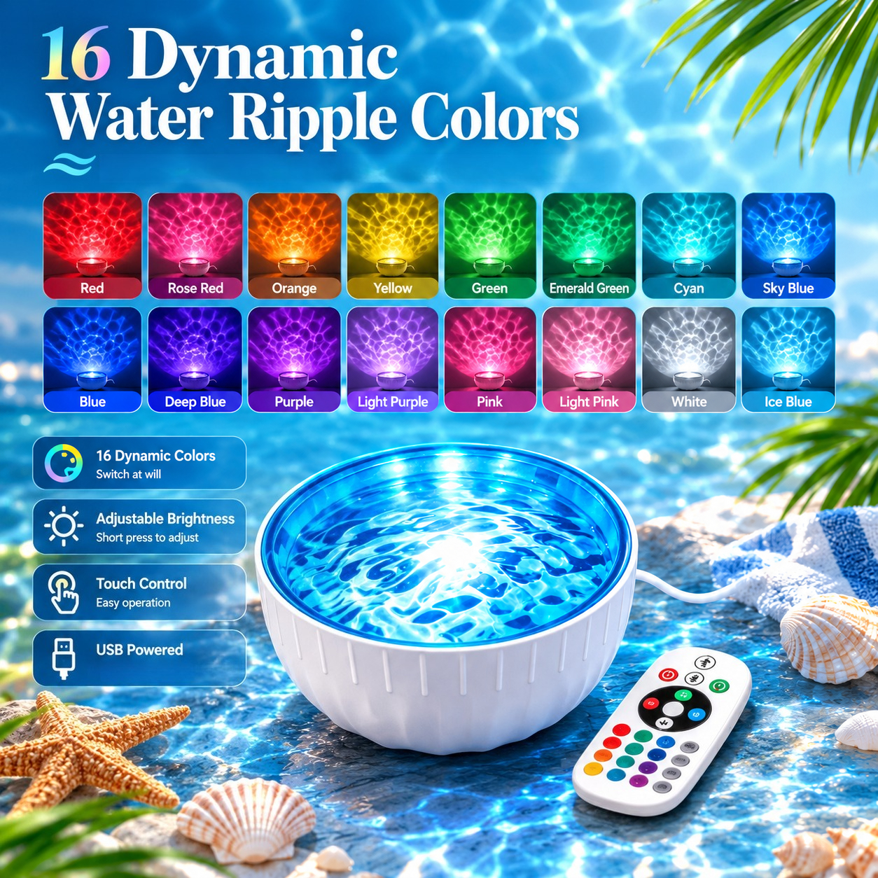 TEMU Usb Led Night Light, 16-color Ripple Projector With Remote & Touch Control, Rotating Color Changing Ambient Lamp For Bedroom, Bedside Table,