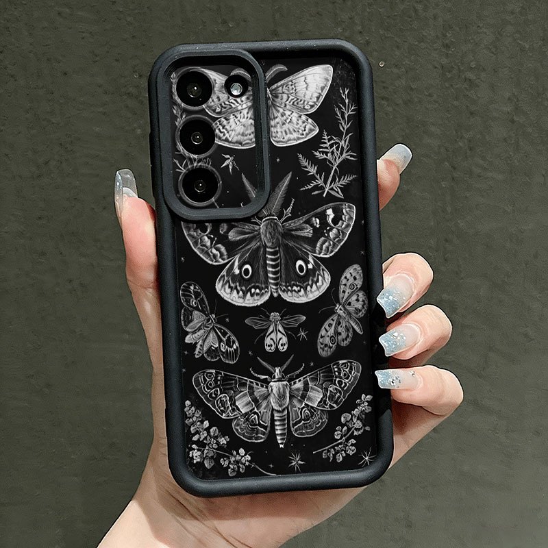 TEMU Phone Case - Monochrome Artwork Of Moths And Plants High-end Fashion Trend Pattern Phone Case Suitable For Galaxy S24/s24 Fe/s24 Ultra/s24