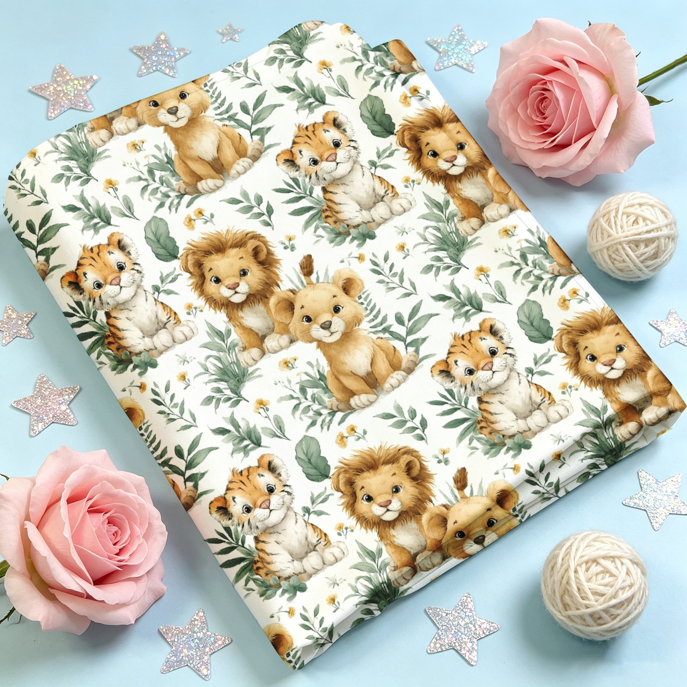 TEMU 1 pièce Tissu à impression numérique avec adorables lionceau et tigreau avec feuilles et fleurs, plusieurs tailles disponibles, tissu et