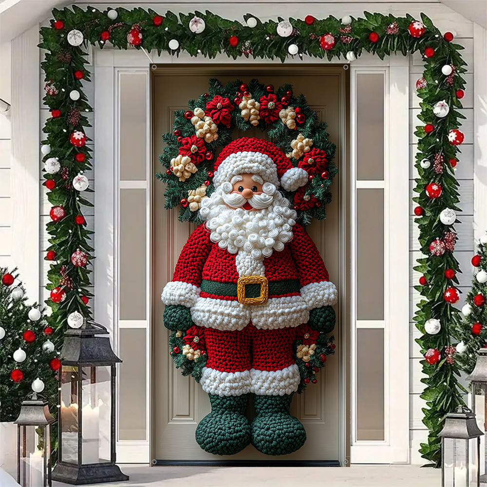 

1pc Santa Claus Crochet Door Curtain - Vibrant Polyester, Machine Washable, Indoor/outdoor Christmas Decoration With Holly & Berries, Holiday Party Entrance Decor, Christmas Decorations For Home