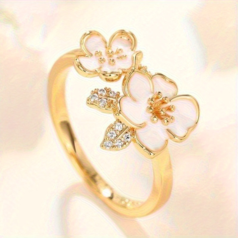טבעת אמייל פרחונית אלגנטית זירקוניה עם אבני סינטטיות, תכשיטי אבן לידה מצופים זהב של KC לנשים - מתנת יום ולנטיין, לבוש יומיומי ואירועים מיוחדים, תכשיטי ולנטיין, אביזר לאירוע, קסם מתוחכם, אומנות עדינה