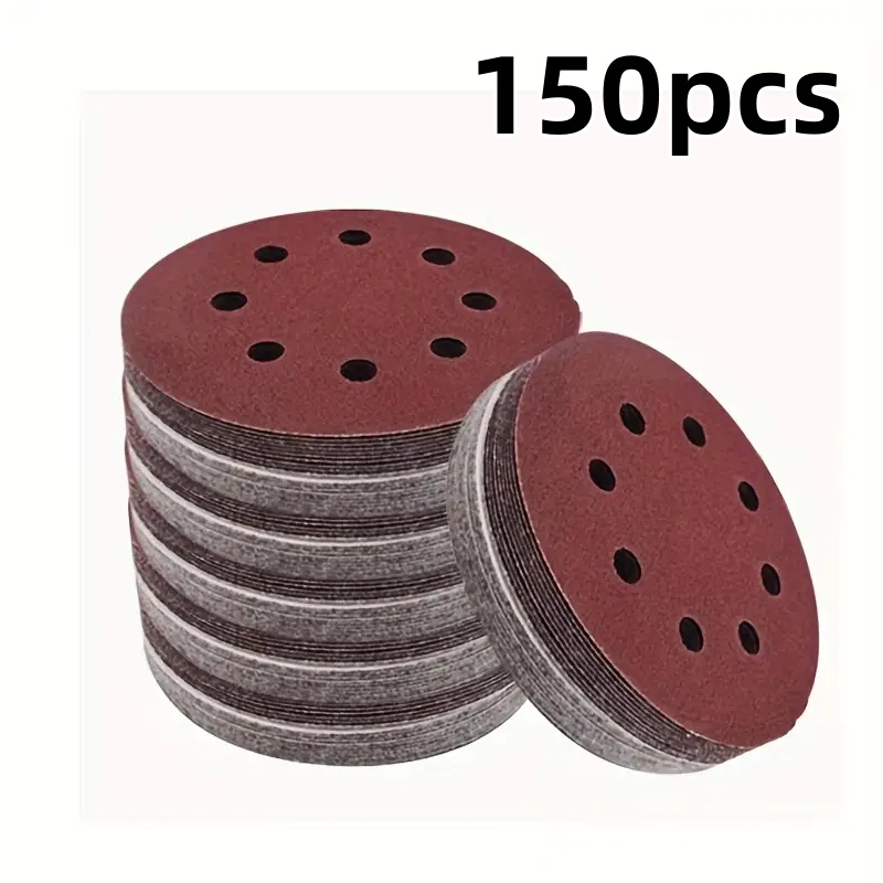 Image of 150pcs 5-inch 8-hole Sandpaper Combination Set, Suitable For Orbital Polishing Machines, Woodworking, And Surface Treatment, Includes 60, 80, 120, 150, 180, 240, 320, 400, 800, And 1000