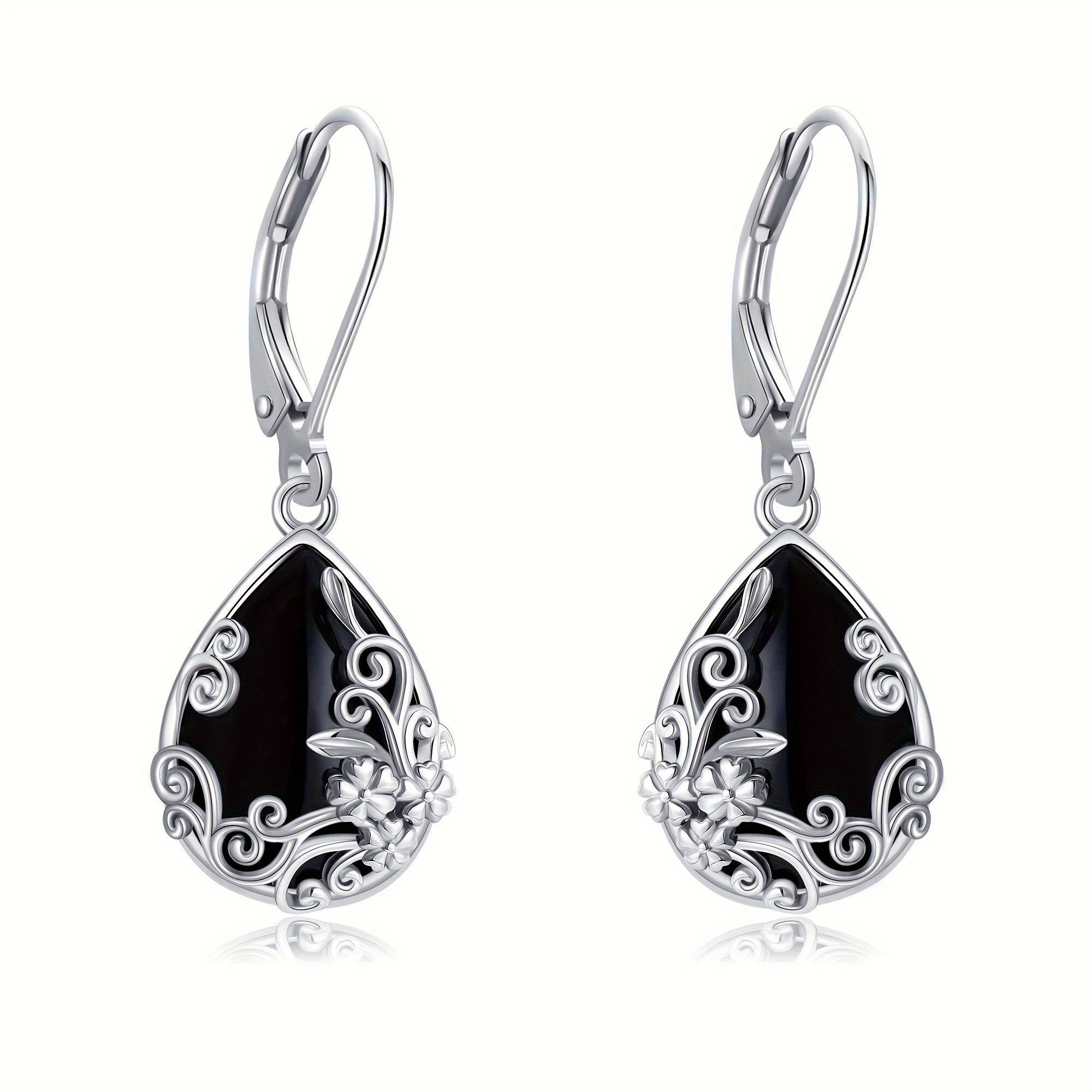 TEMU 1pair Black Agate Pendant Earrings Elegant Jewelry Accessories Unique Holiday Gift For, For Teenager