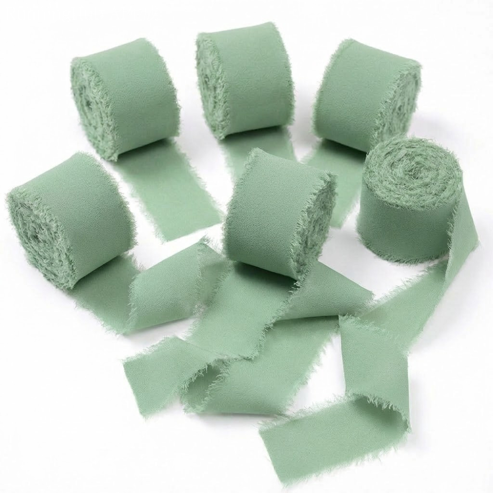 Image of Ribbon 1.1 Inch X 6 Rolls Total 18 Yards Light Green Handmade Fringe Chiffon Ribbon For Wrapping Wedding Invitations Bridal Bouquets Diy Crafts Home Decor Bows & Ribbons