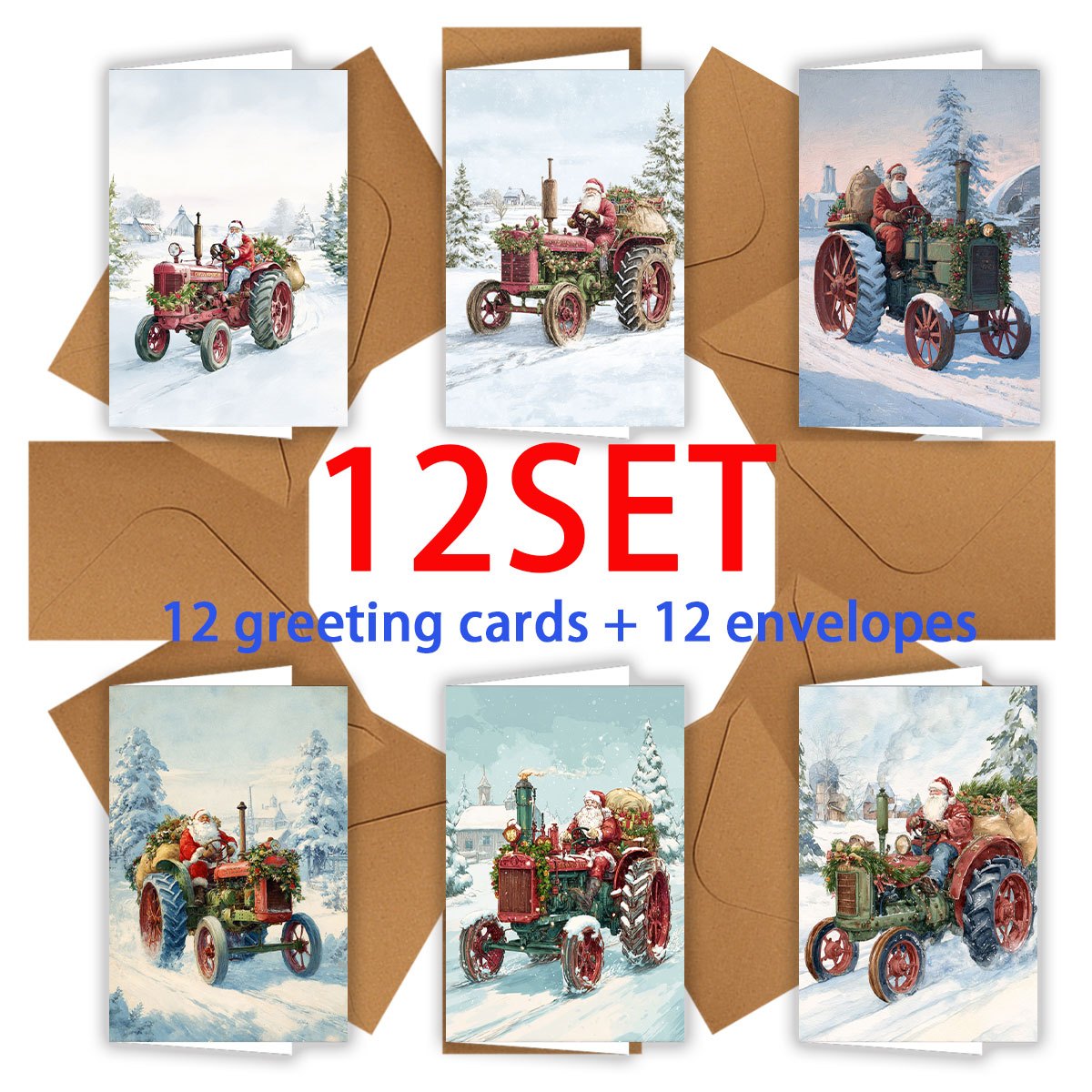 TEMU 6pcs/12pcs Christmas Set | Santa Claus Driving A Vintage Tractor Greeting Card With Envelope | Blank Inside | Universal Holiday Party Invitation