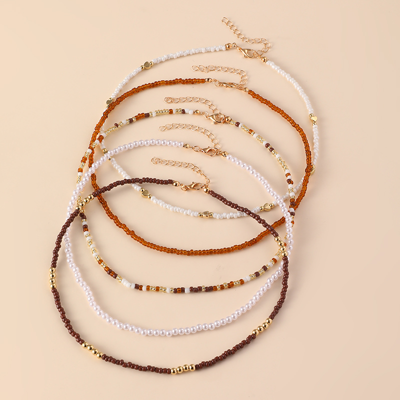 TEMU 5pcs Retro Bohemian Beaded Necklace Women Fashion Layered Choker Pearl Choker Jewelry Vacation Additions
