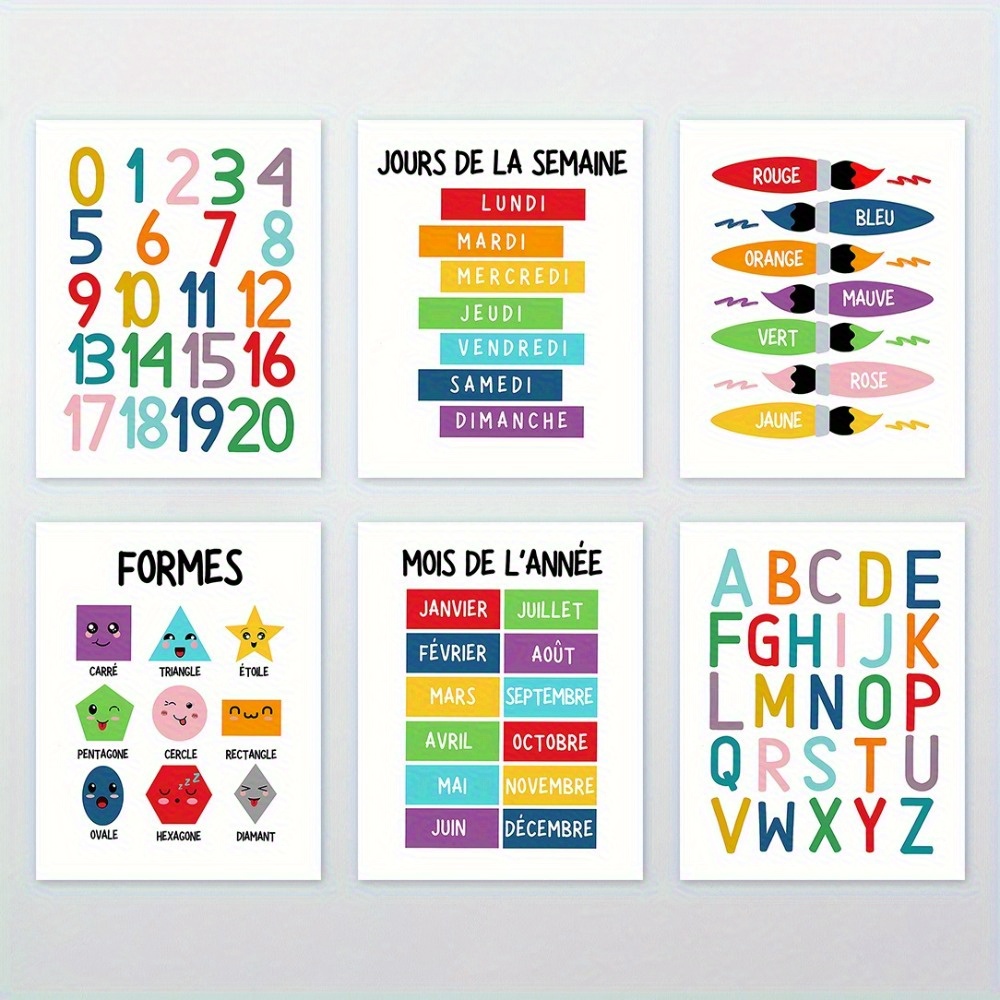 TEMU Ensemble de 6 affiches éducatives 2D plates - Alphabet et chiffres français, 20,32x25,4 cm cadre, décoration pour salle de classe ou maison,
