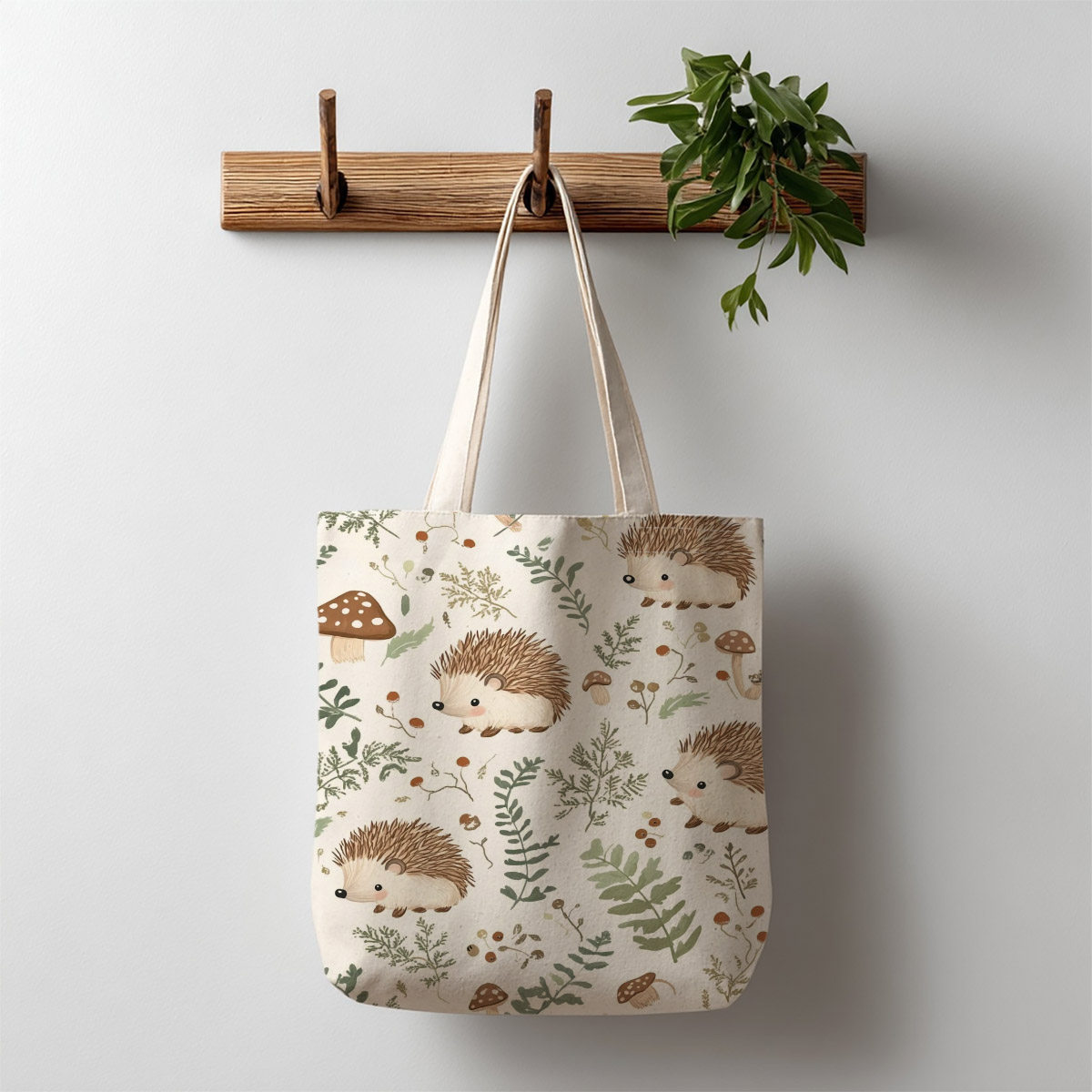 TEMU 1pc Cute Hedgehog & Mushroom Canvas Tote Bag, 13.8Ã15.75inch/35Ã40cm, Duplex Prints With Whimsical Forest Charm, Printed Handbag For Grocery