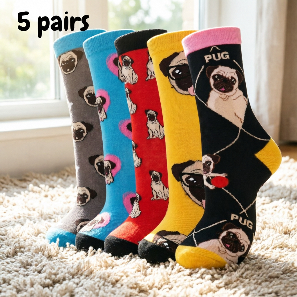 TEMU 5-pair Fun Pug Socks, Dad Gift, Socks For Women And Men, Pug Socks, Novelty Gift For Dog Lovers, Perfect Gift Socks, Unique Creative Birthday