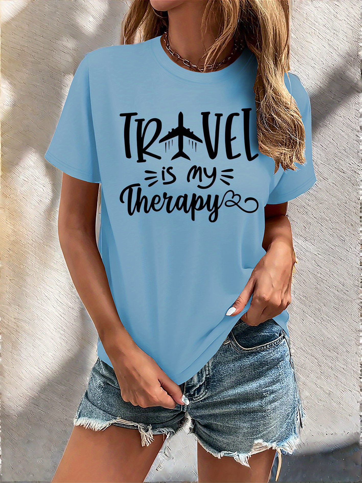 women' blue travel themed letter print t shirt short Temu Mauritius