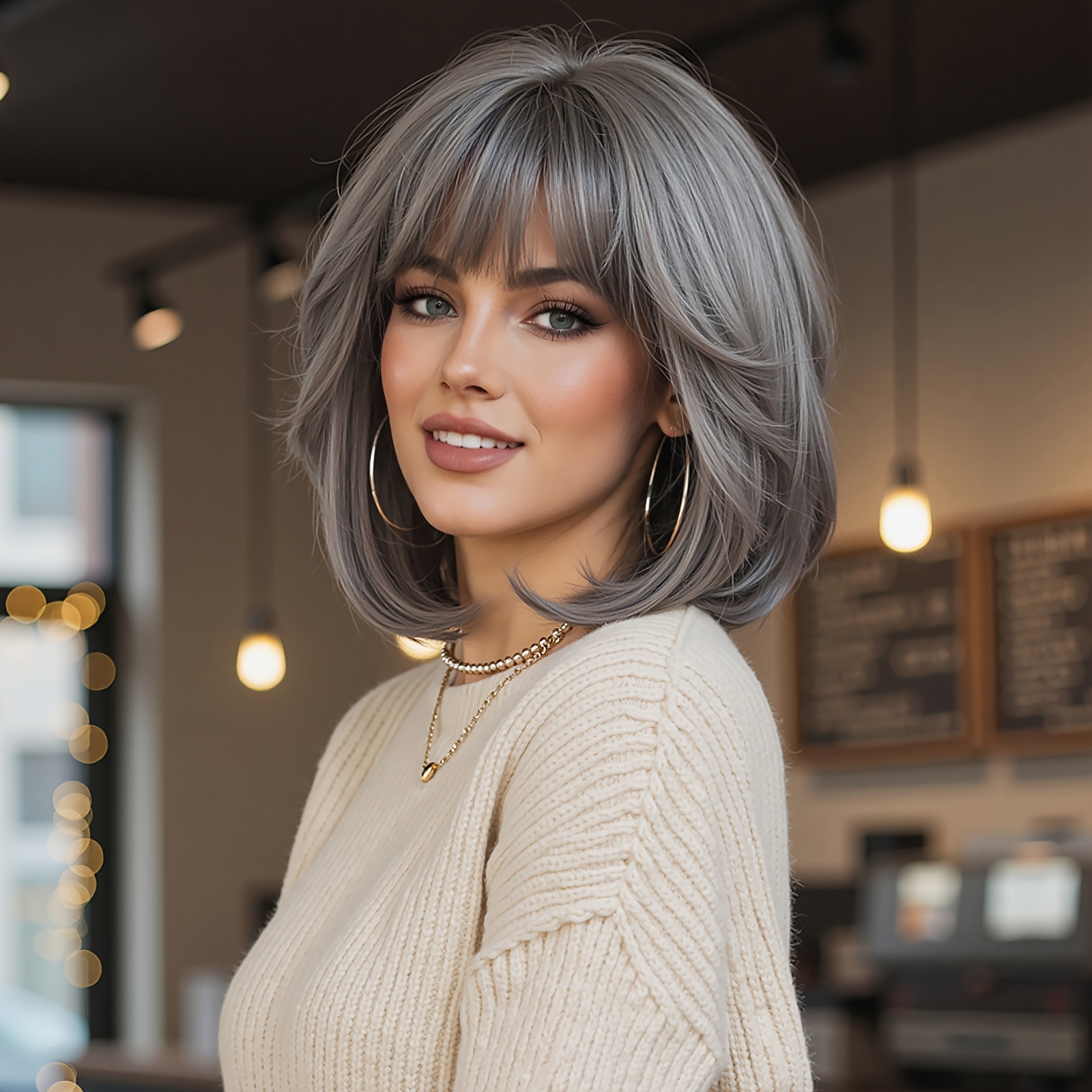 TEMU Straight Gray Highlights Wig With Neat Bangs; Women's Wig Suitable For Carnival, , Y2k, Cosplay; Synthetic Chemical Fiber Braided Wig; Elegant