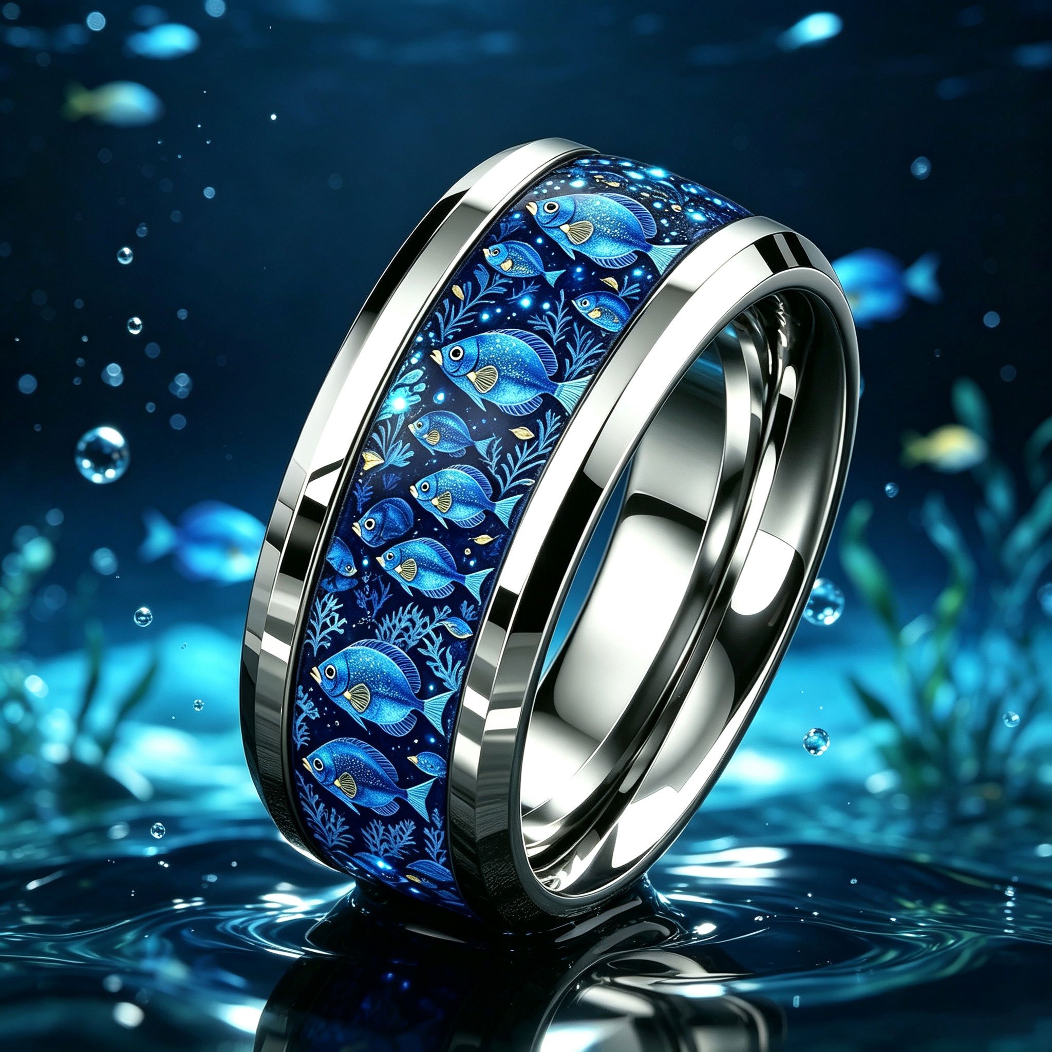 Deep Sea Blue Tropical Fish Algae 304L Stainless Steel Ring