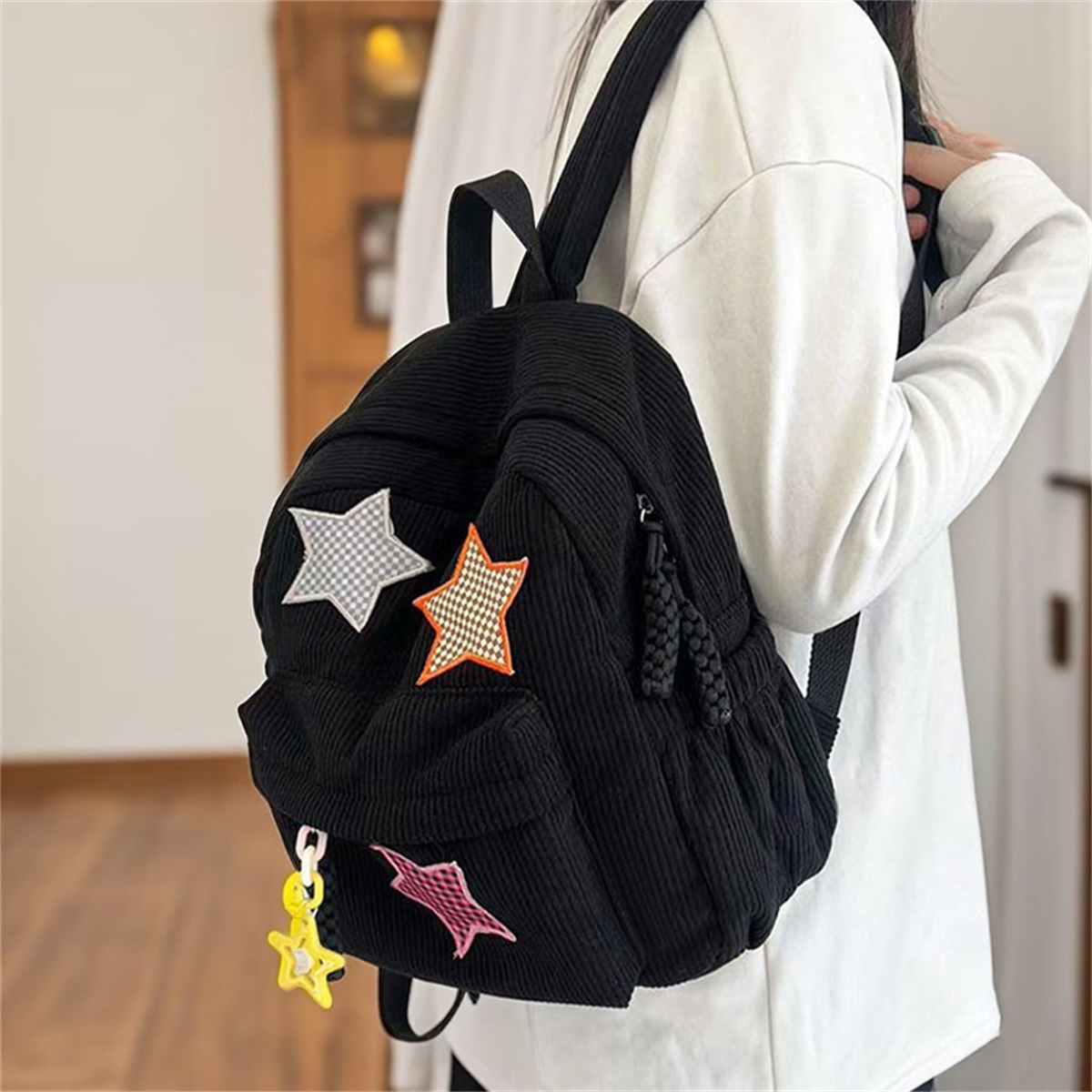 womens lightweight corduroy backpack star patches cute - Temu