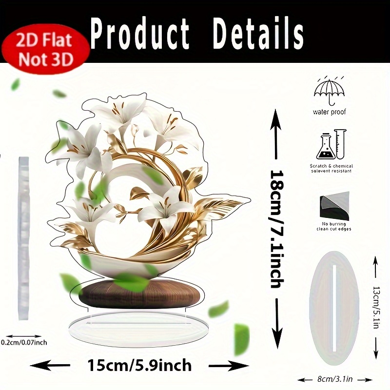 TEMU Decoración de escritorio de flor de acrílica 2D, superficie 2D, superficie 2D - Diseño floral elegante con detalles dorados, para decoración del