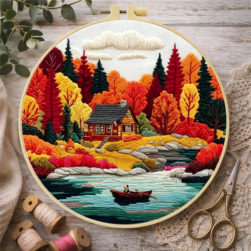 Embroidery Kit, Autumn Lakeside Cabin Design