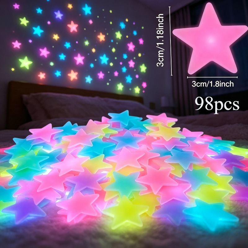 TEMU 98pcs Mixed Color Luminous Star Wall Stickers, Suitable For Wall And Ceiling Decoration, -the-dark Effect/decorative Wall Stickers/party Decor,