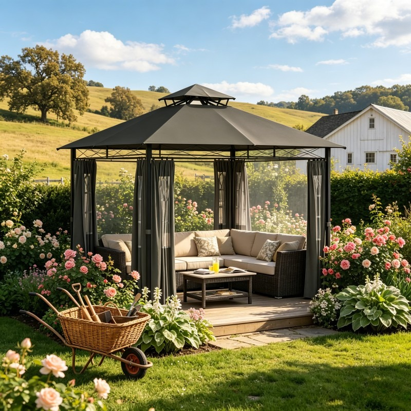 Gazebo With Removable Curtains 116x116x112 Inch, Double Roof Outdoor Tent, Heavy Duty Powder Coated Steel, Spacious For Garden Parties And Bbq
