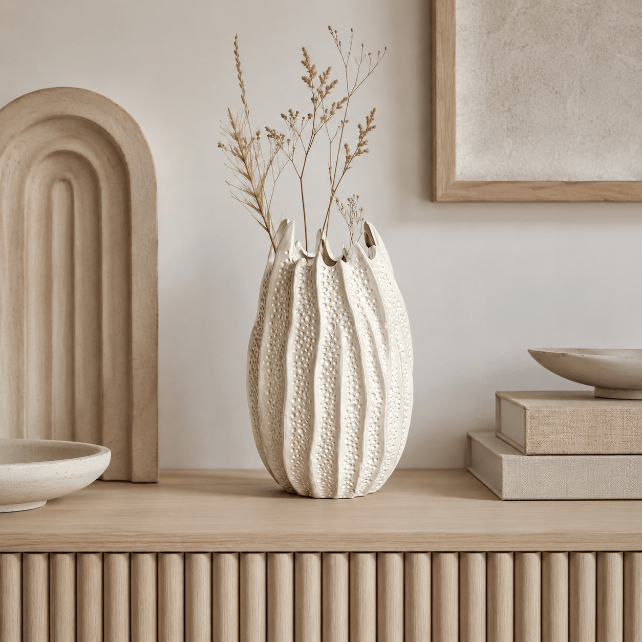 Sea Urchin Ceramic Vase Suitable for Bohemian & Nordic Decor - Modern Minimalist Round Cylindrical Urchin Vase, White Pattern Tabletop Centerpiece for Dried Flowers, Sea-Themed Home Ornament for Living Room, Coastal Gift