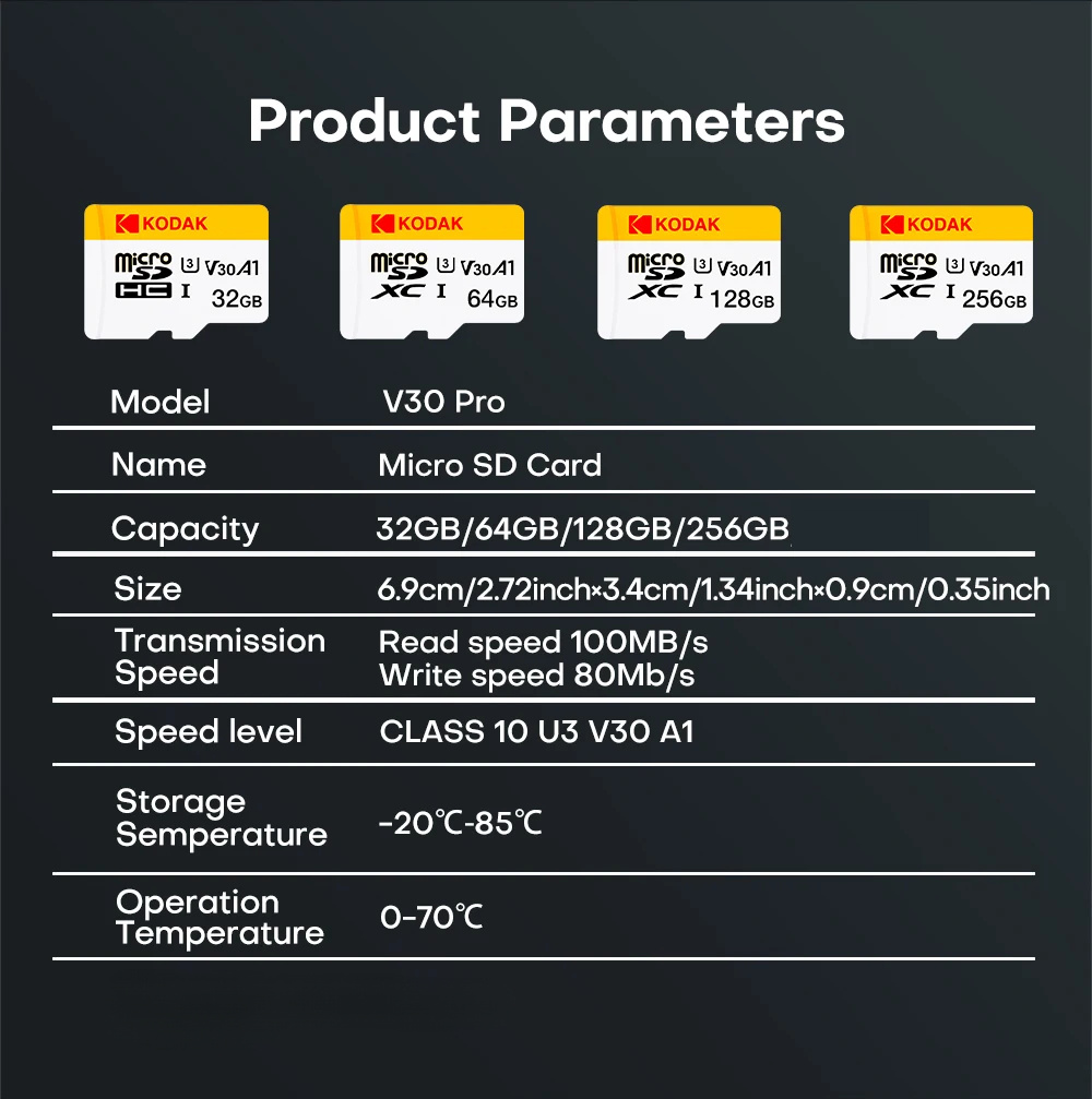 KODAK Mini Memory SD Card 256GB 128GB 64GB 32GB U3 V30 4K Full HD Micro TF Memory Flash Card for Phone/Computer/Camera