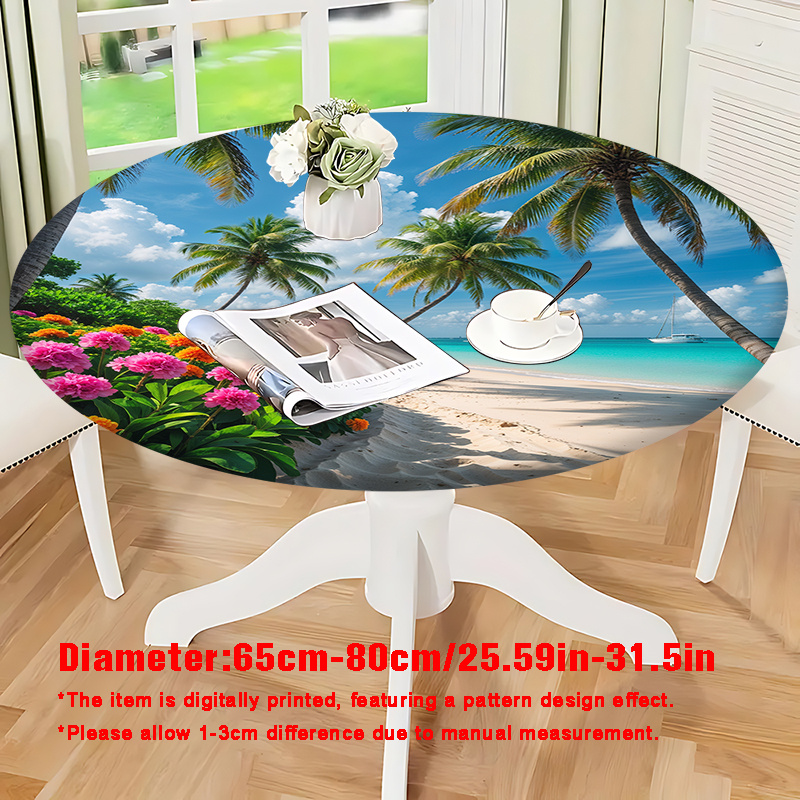 TEMU 2d Surface Printing Stretch Round Tablecloth, Beach Coconut Tree Floral Pattern Summer Pastoral Style Printed Round Elastic Tablecloth, Suitable