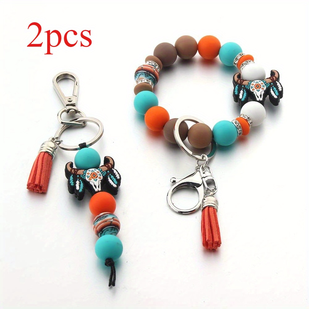 2pcs Set Of Cowboy Silicone Accessories With Beaded Pendants, Women's Key Chains, Fashion Accessories, , Durable Key Ring, Multi-functional Lanyard, Beaded Key Chain, Gift Shopper
