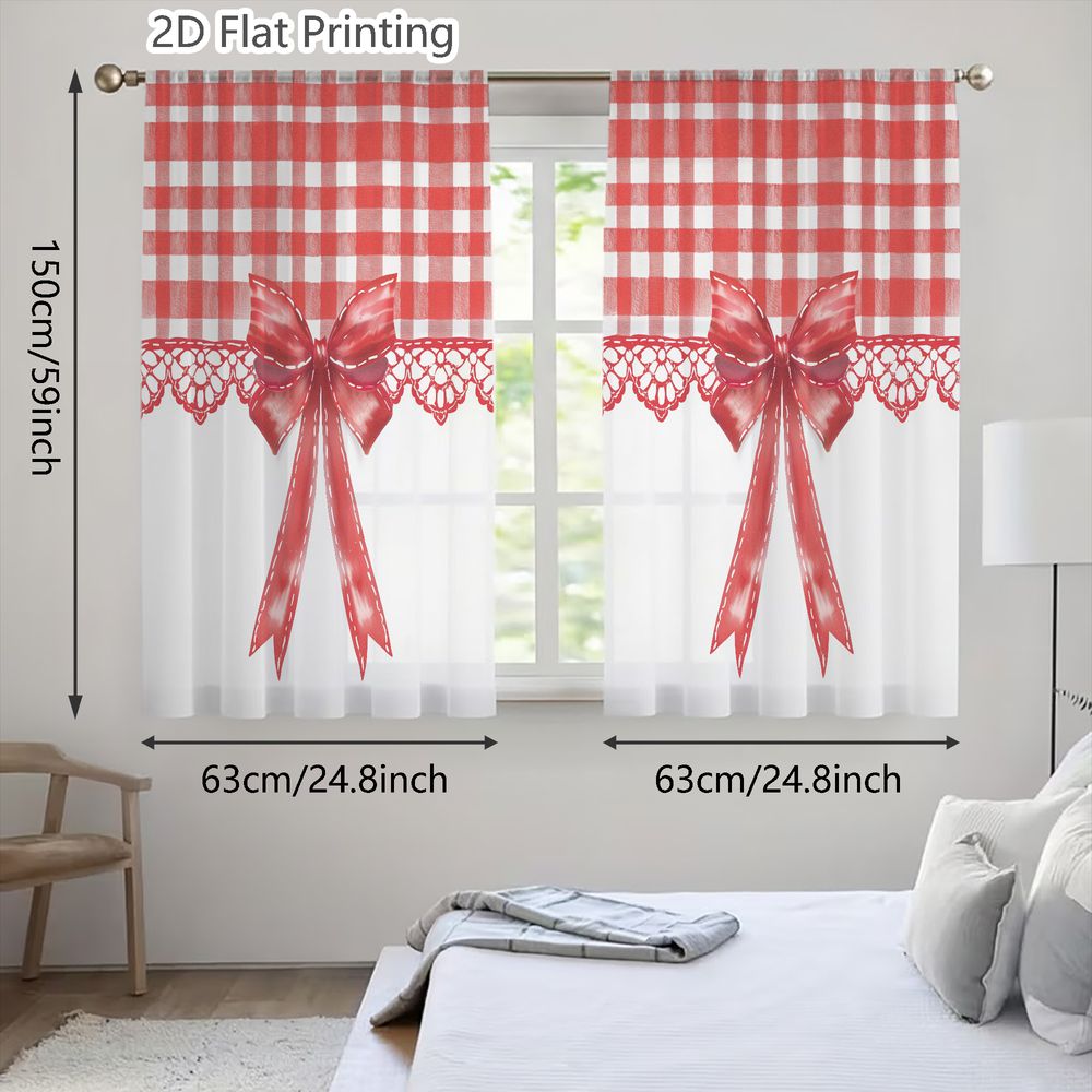 TEMU 2d Flat - 2d Flat - Set Of 2 Lightweight Sheer Curtains In A Red And White Checkered Design, Featuring Lace Edges And A Shiny Bow, Suitable For