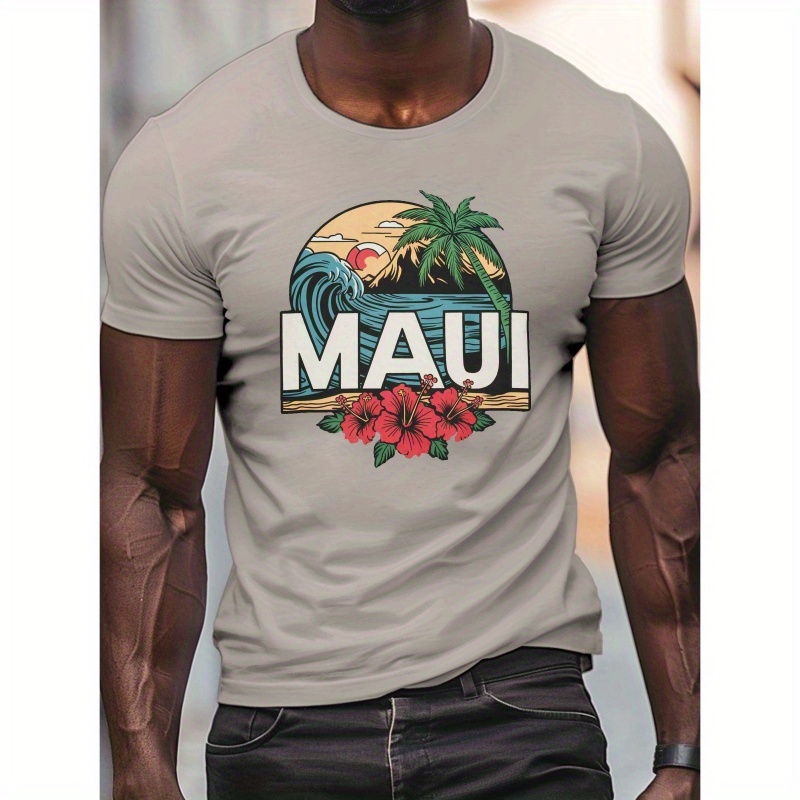 

Men's Maui-inspired Graphic Tee - Casual Crew Neck Short Sleeve, Lightweight Polyester Summer Shirt With & Hibiscus , T-shirt| Tee|stretchable Material