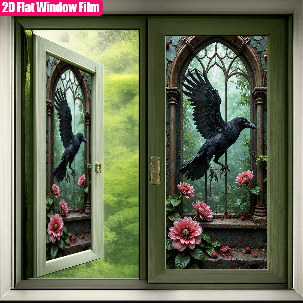 TEMU 1pc Gothic Halloween Window Film - Static Cling Window Decoration With Flying Crow, Ornate Stained Glass Window & Pink - Privacy Film For Home,