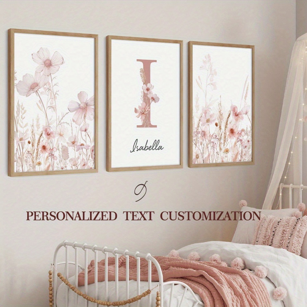 Print Painting, 3pcs Personalized Pink Floral Wall Art Set Custom Name  Dopamine Boosting Decor for Girls' Bedroom Kindergarten, Frameless  Aestheti