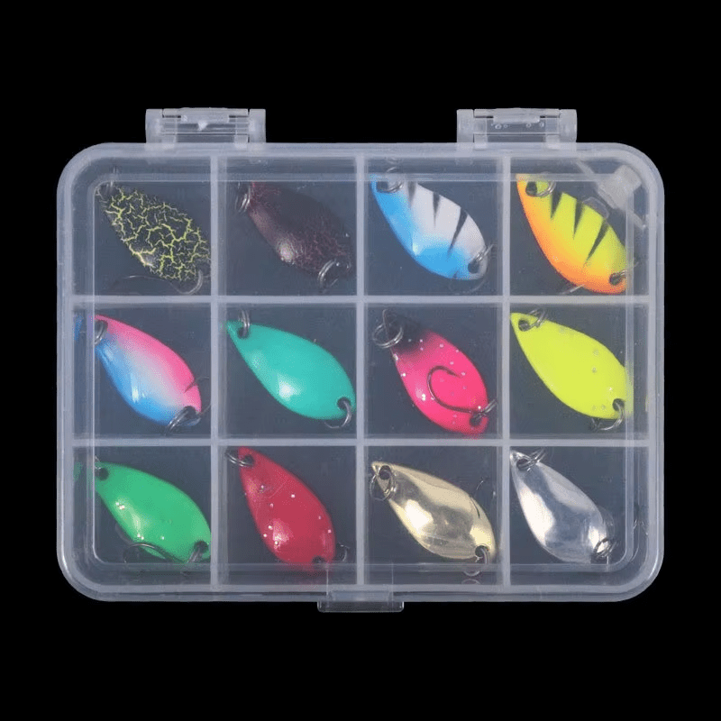 TEMU Set da 12 esche metalliche a forma di cucchiaio, dipinte in colori assortiti. Adatte per metodi di pesca a lancio e micro-piombo in laghi e .
