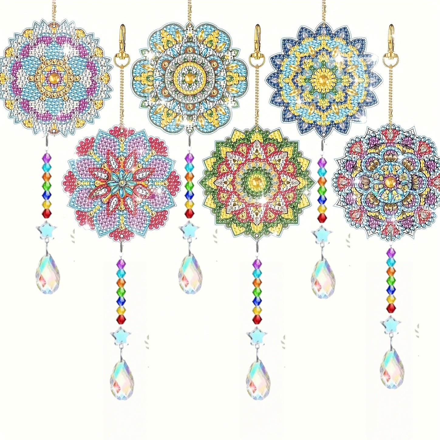TEMU 6pcs 6pcs Mandala Diamond Painting Wind Chimes & Sun Catcher Kits - Double-sided Crystal Diy Craft With Irregular-shaped Diamonds, Suitable For