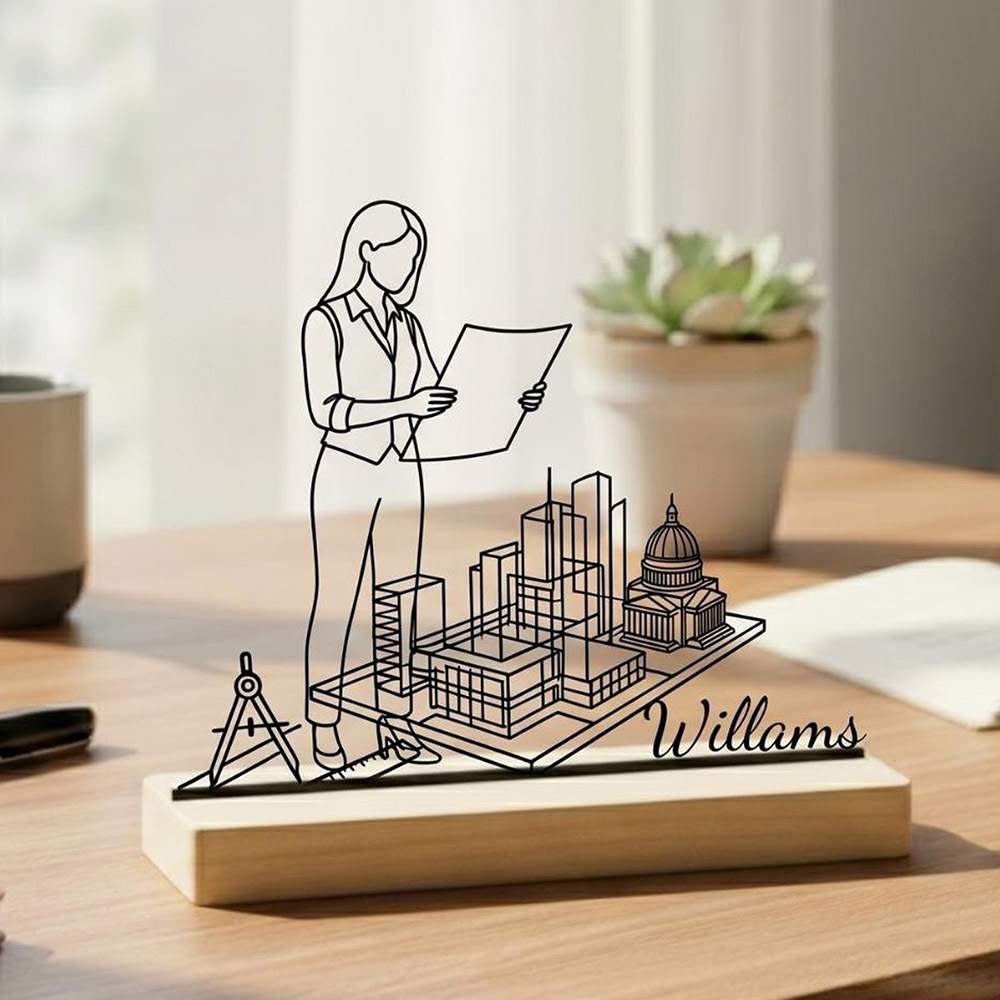 TEMU 1pc Personalized Metal Desktop Ornament Custom City Design With Wooden Minimalist Office Decor Unique Gift For Birthday Housewarming Or