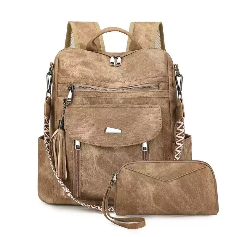 Image of Women's Lightweight Backpack Set, Convertible Multiway Shoulder Backpack With Matching Small Wristlet Purse, Ideal For , School And Laptop Use