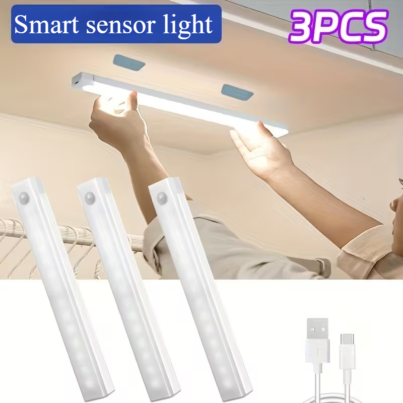 3 smart led sensor lights rechargeable led lighting suitable for wine cabinets wardrobes bedrooms rvs and staircase lighting ambient lighting effects stylish design durable plastic material magnetic attachment smart lighting human sensor