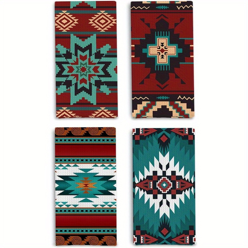 

4-pack Southwestern Aztec Pattern Kitchen Towels, 18x26 Inches, Modern Polyester Hand Towels, Rectangular Dish Towels For Kitchen & Bathroom Decor, Machine Washable