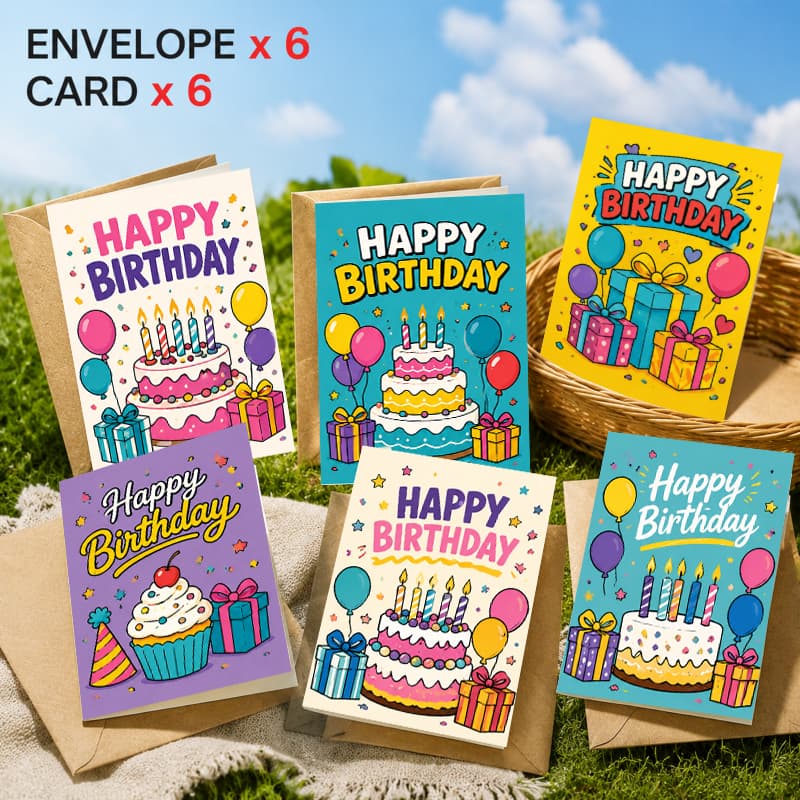 TEMU 12 Pack Happy Birthday Cards With Envelopes, Cute Cartoon Design, Colorful Cake Balloons Candles Gifts, Vibrant Style, Ideal For Birthday
