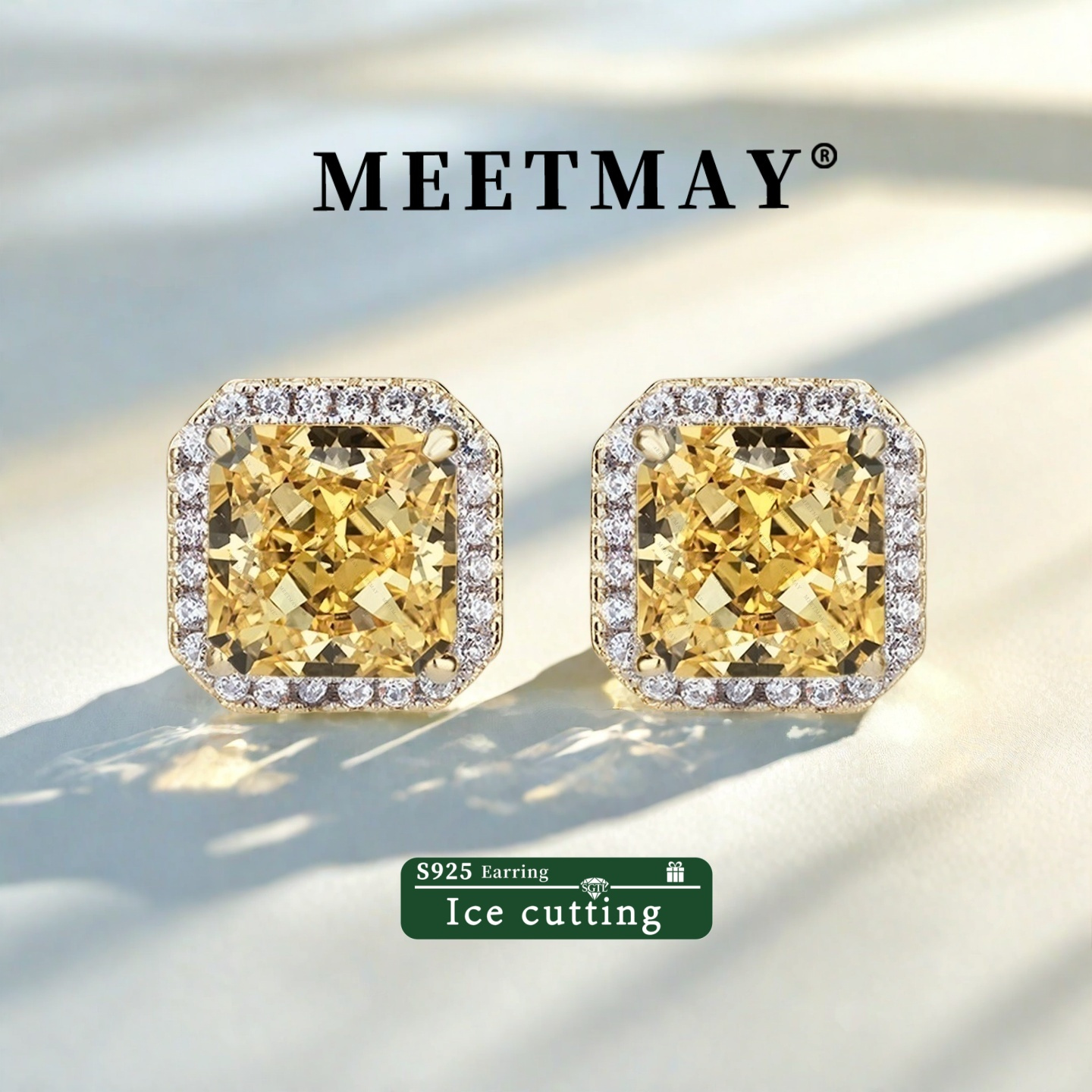 TEMU Meetmay S925 With Yellow Gemstones & Sparkling Accents - Ice Cutting 8x8mm 5a Grade Gemstones, Fashionable Studs For Weddings, Parties, And